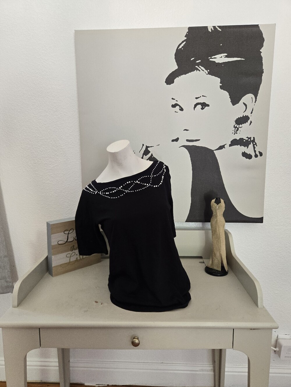 NWT Womens LOFT Black Short Sleeve Top with Rhinestone Boatneck Size Small